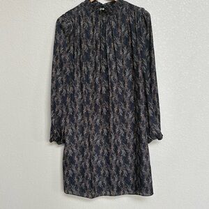 Ann Taylor Deep Navy/Charcoal Tan Floral Smocked Neck Long Sleeve Dress 6